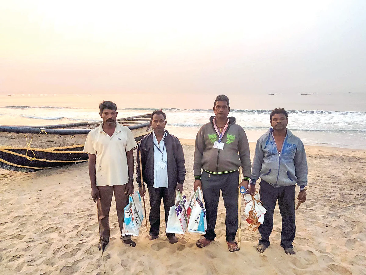 (L-R) Ramolu Lakshmayya, Karri Jallibabu, Puttiyapana Yerranna and Pulla Polarao are fishermen who also work as guards at a hatchery on RK Beach, Visakhapatnam