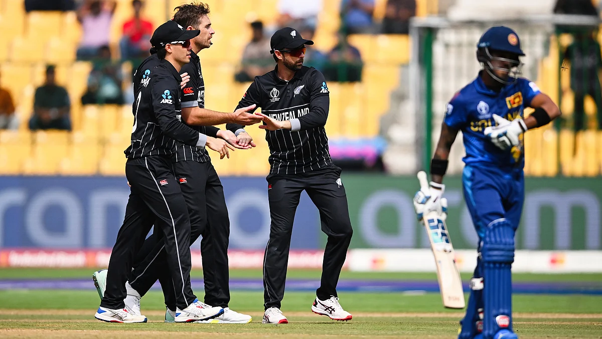 Tim Southee of New Zealand celebrates the wicket of Pathum Nissanka of Sri Lanka during their World Cup match in Bangalore (photo: Getty Images)