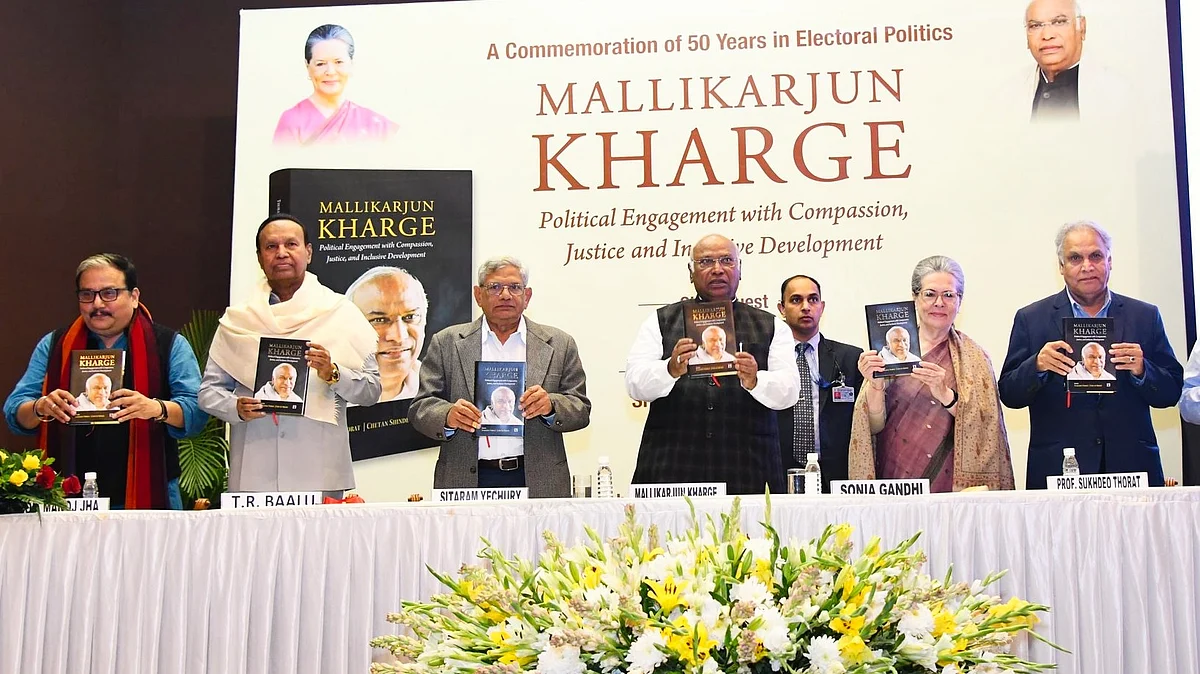 Among those at the book launch were Kharge, CPP chairperson Sonia Gandhi, RJD leader Manoj Jha, and CPI(M) leader Sitaram Yechury (photo: @INCIndia/X)