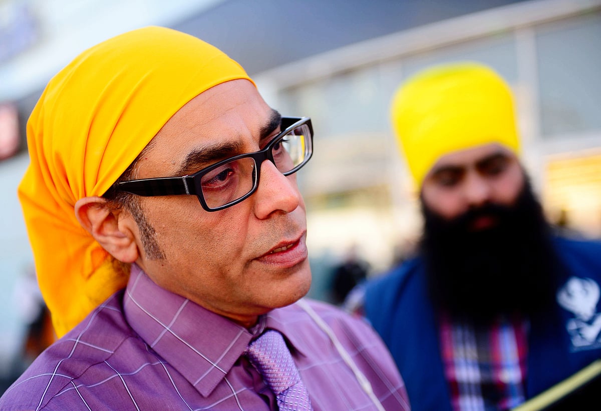 A clean-shaven Pannun photographed at a 2015 Sikh rally in Los Angeles, USA (photo: Getty Images)