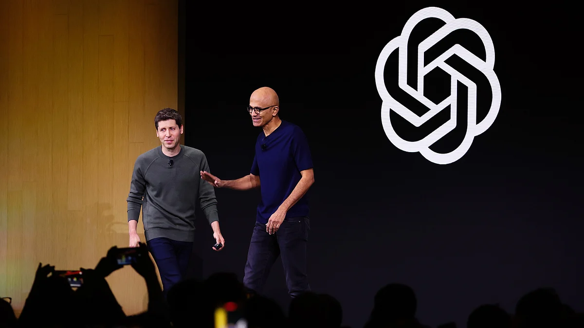 Microsoft CEO Satya Nadella (right) with Sam Altman at the OpenAI DevDay event on 6 November in San Francisco (photo: Getty Images)