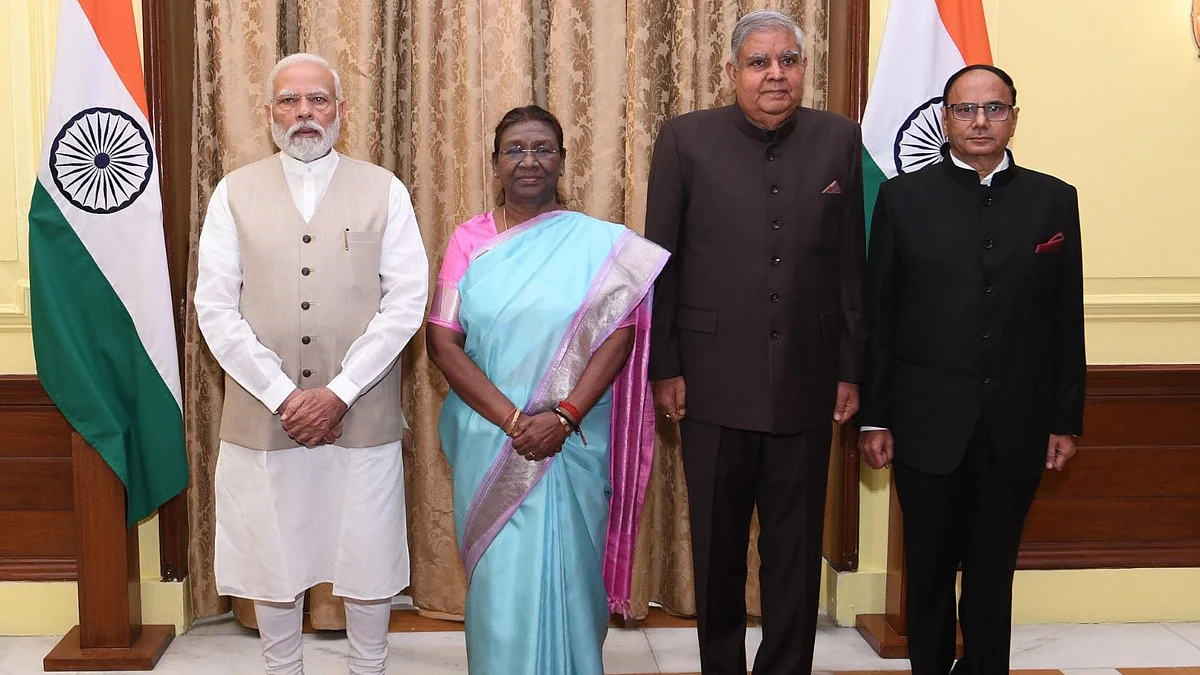 Heeralal Samariya, 63, took the oath at Rashtrapati Bhavan, attended by President Murmu, PM Modi, and others. (photo: @VPIndia/X)