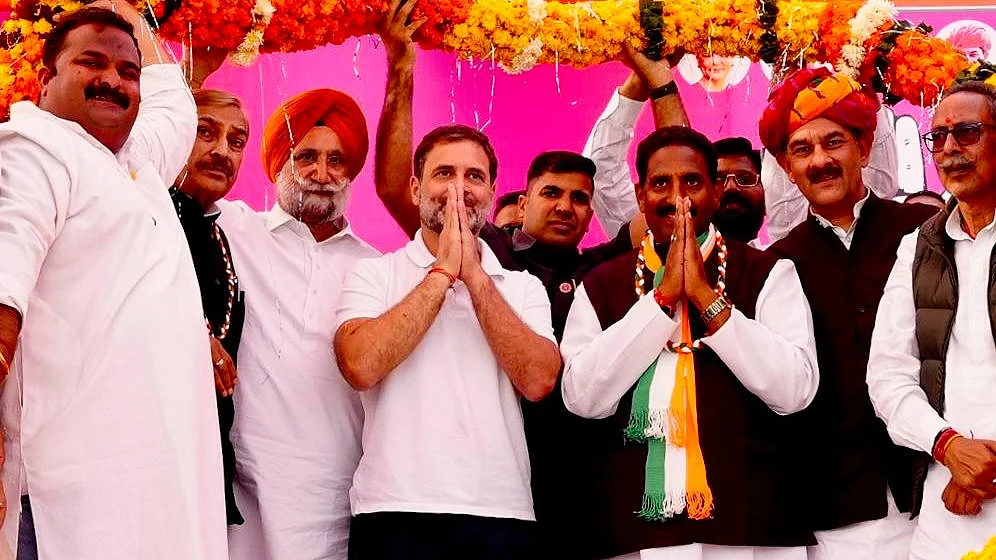 Rahul Gandhi at an election rally in Nadbai, Rajasthan (photo: @INCIndia/X)