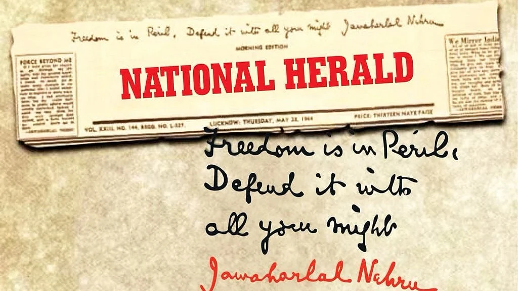Representative image of National Herald masthead, with signed legend in founder Jawaharlal Nehru's handwriting: "Freedom is in Peril. Defend it with all your might."