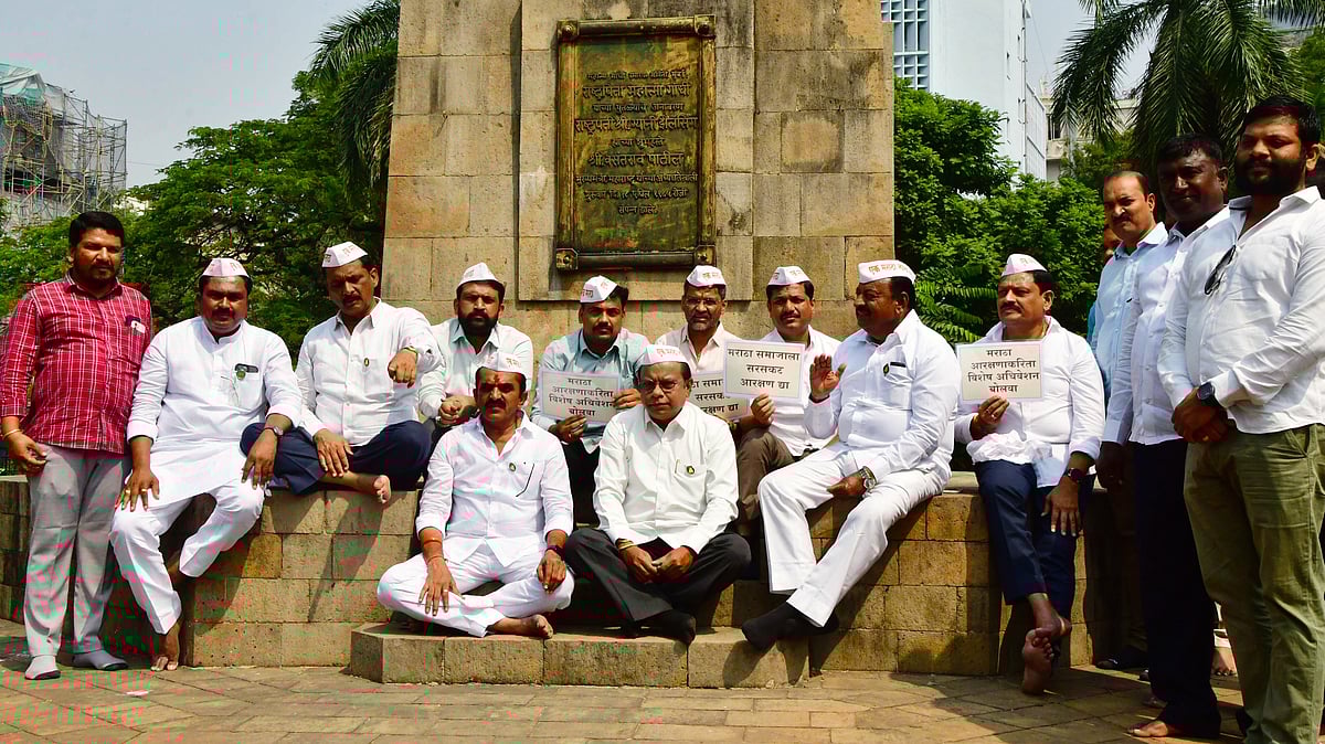 Maharashtra MLAs from all parties other than the BJP sit in support of Manoj Jarange Patil for Maratha community reservations (photo: Getty Images)
