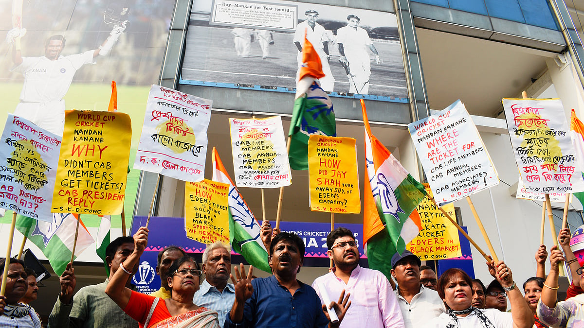 A Congress protest in front of Kolkata's Eden Gardens on 3 Nov, demanding a stop to alleged black market ticket sales for the India-South Africa match at the venue today (photo: Getty Images)