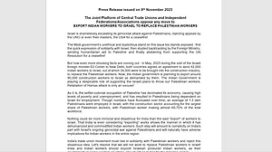 No ‘export of workers’ to Israel, say trade unions in India