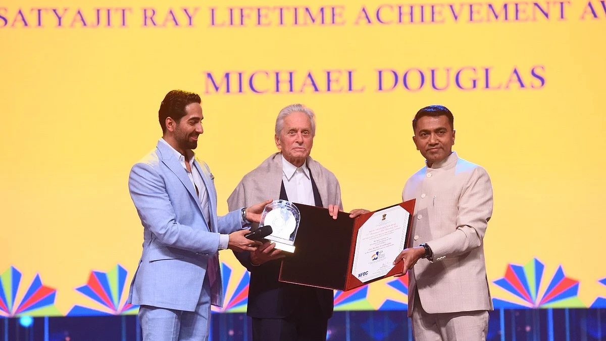 "Cinema can make people laugh, cry or rejoice and reveal our shared humanity and today our global language of cinema is more meaningful than ever,” said  Michael Douglas at IFFI (photo: @PIB_India/X)