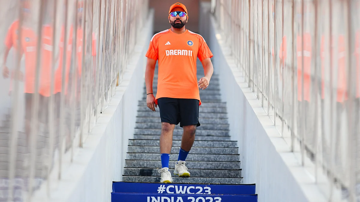 India captain Rohit Sharma walks down from the changing room  for a nets session ahead of the World Cup final at Narendra Modi Stadium (photo: Getty Images)