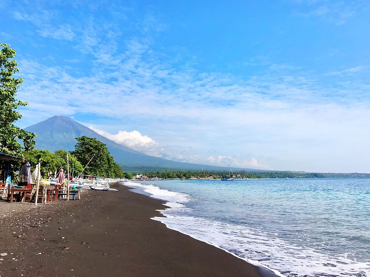 The black sand beaches of East Bali, with Mt Agung in the background (photo courtesy Timira)