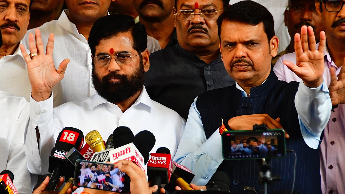CM Eknath Shinde, and deputy CM Devendra Fadnavis (right) leave an all-party meeting on the Maratha reservation issue on November 1 (photo: Getty Images)