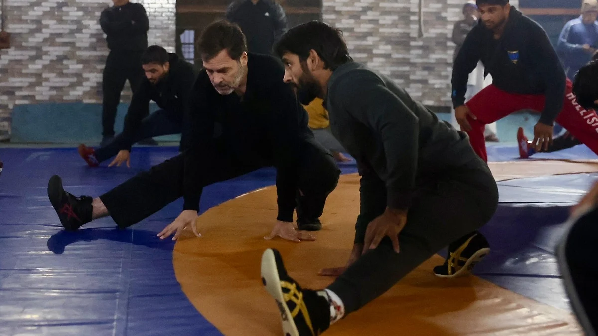 Rahul Gandhi with wrestler Bajrang Punia during his visit to Virender Arya Akhara in Haryana's Jhajjar. (photo: @INCIndia/X)