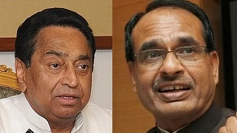 In the ongoing vote tally, Shivraj Singh Chouhan (right) and Kamal Nath are ahead in Madhya Pradesh (photo: IANS)