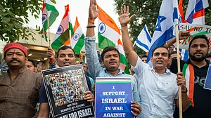 BJP supporters hold demonstration in New Delhi to show solidarity with Israel, 15 October 2023. (Photo Getty Images)
