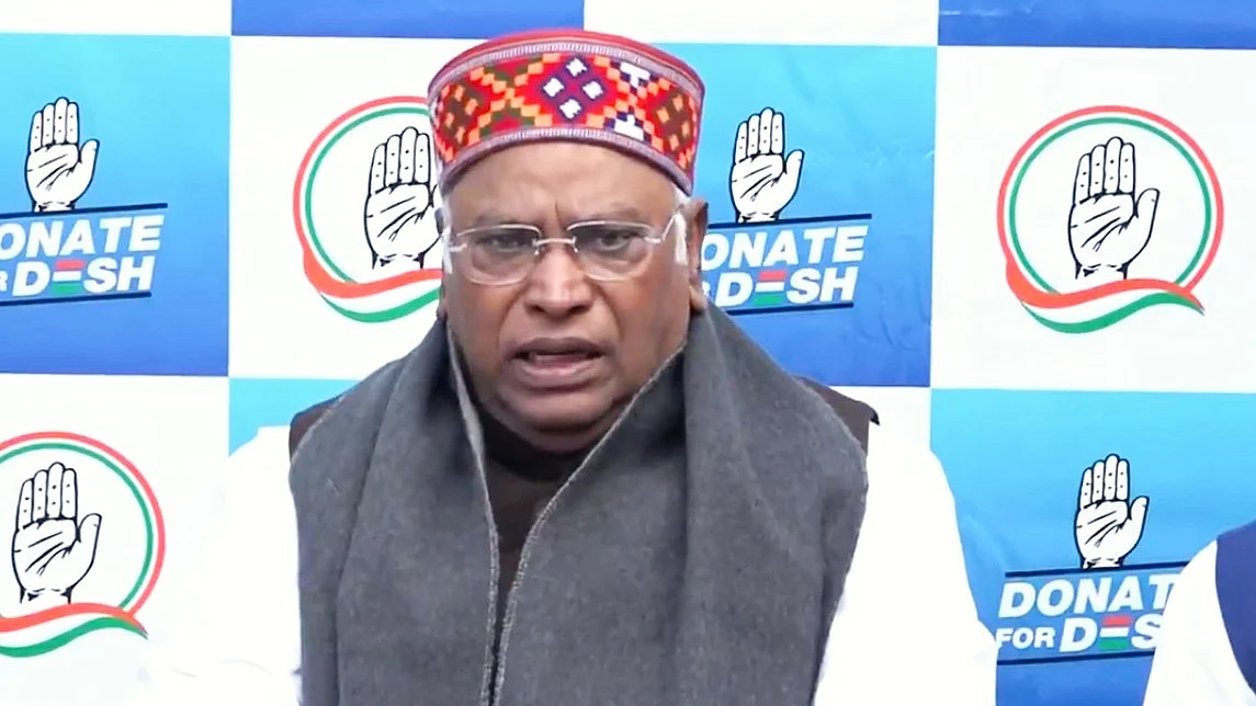 Screengrab from video of Mallikarjun Kharge's press con to announce Donate for Desh (courtesy: @ajaymaken/X)