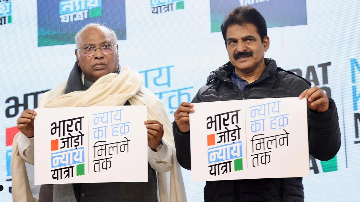 Congress president Mallikarjun Kharge unveiled the logo and tagline for Rahul Gandhi's upcoming Bharat Jodo Nyay Yatra (photo: INC) 