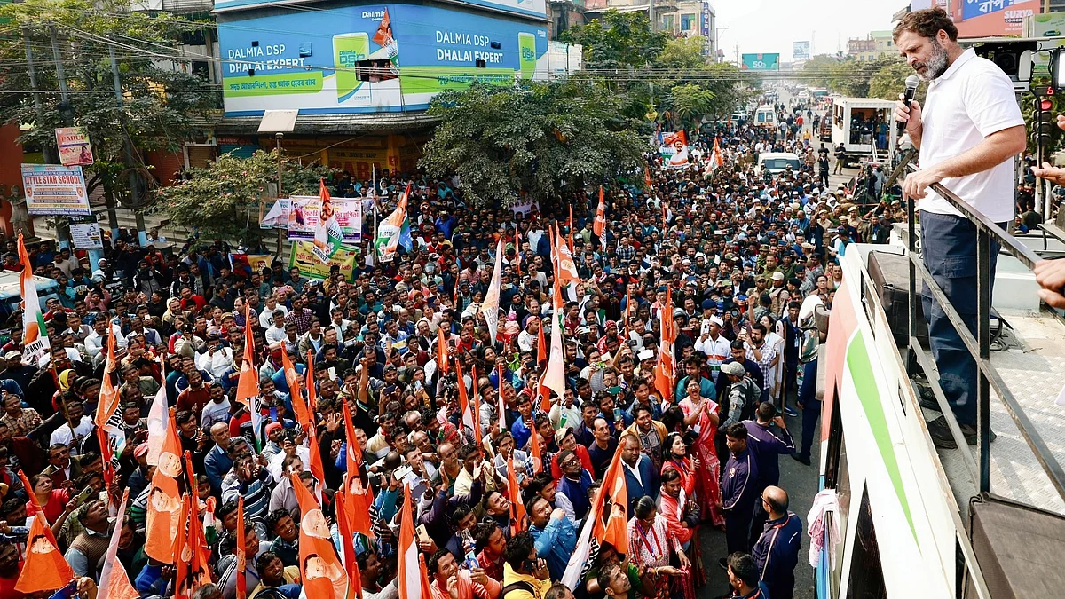 Rahul Gandhi addresses a crowd in Assam