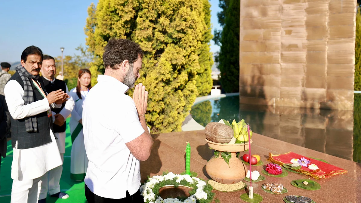Congress MP Rahul Gandhi offers tribute at Khongjom War Memorial, commemorating martyrs of the Anglo–Manipuri War, before the launch of the Bharat Jodo Nyay Yatra, a quest to uphold the Constitutional value of justice (photo courtesy @INCindia/X)
