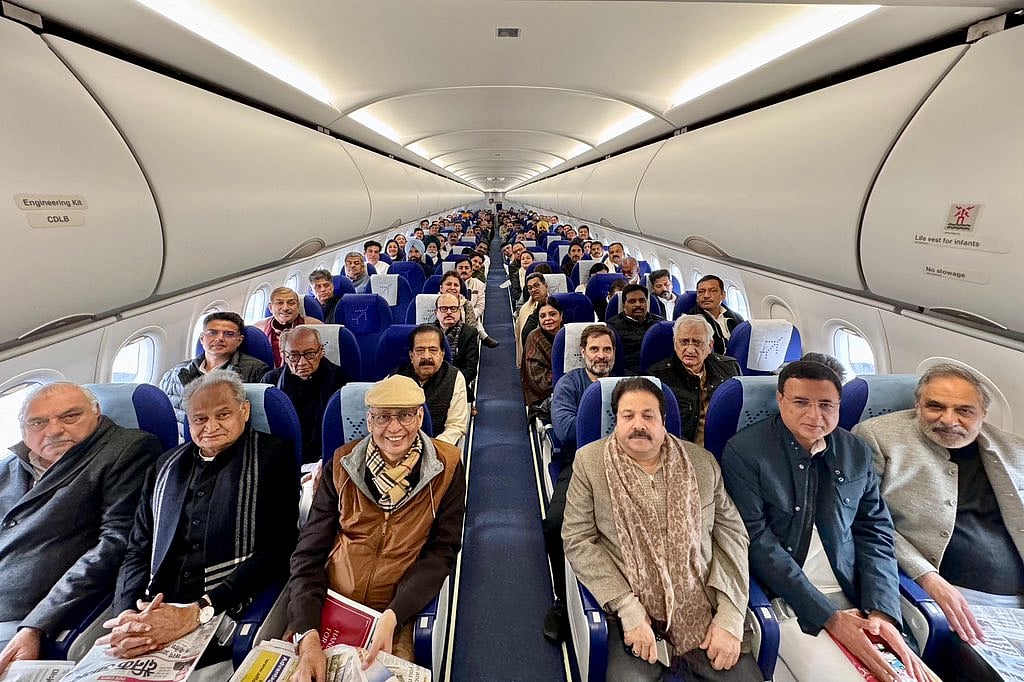 Earlier in the day, Congress leader Pawan Khera shared an image of party leaders and supporters on the flight to Imphal, with the caption: 'On every seat of this flight sits a #NyayYoddha'. 