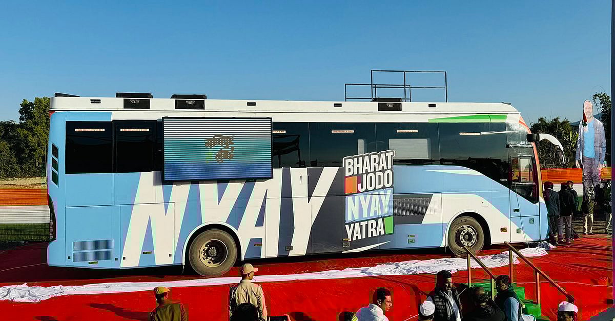 The bus that will carry Rahul Gandhi and other participants to key destinations on the Bharat Jodo Nyay Yatra route, to points where padayatras and public meetings will be held (photo courtesy @bharatjodo/X)
