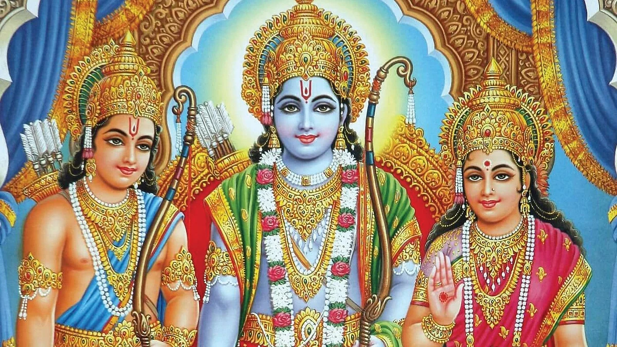 In the iconic image of Ram, Sita and Lakshman in the durbar of their Ram Rajya in Ayodhya, Ram and Lakshman hold their bows in a gentle grip, their faces benevolent; Sita's hand is raised in abhaymudra, signifying that petitioners need not fear.