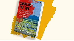 Cover image of Nandita Haksar's book 'Shooting the Sun: Why Manipur Was Engulfed by Violence and the Government Remained Silent', published by Speaking Tiger, superimposed on a map of Manipur (image courtesy @speakingtiger/Instagram)