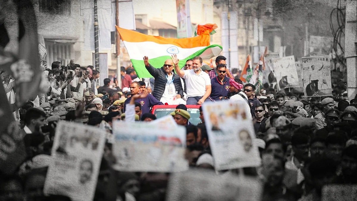 Gandhi toured the busy Gudaulia area of Varanasi along with Ajay Rai and other Congress leaders (photo: @INCIndia/X)