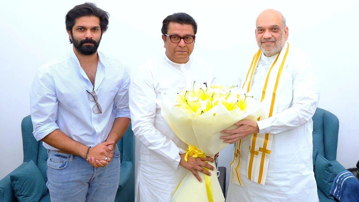 Raj Thackeray (centre) and son Amit (left) with home minister Amit Shah (photo: @RajThackeray/X
