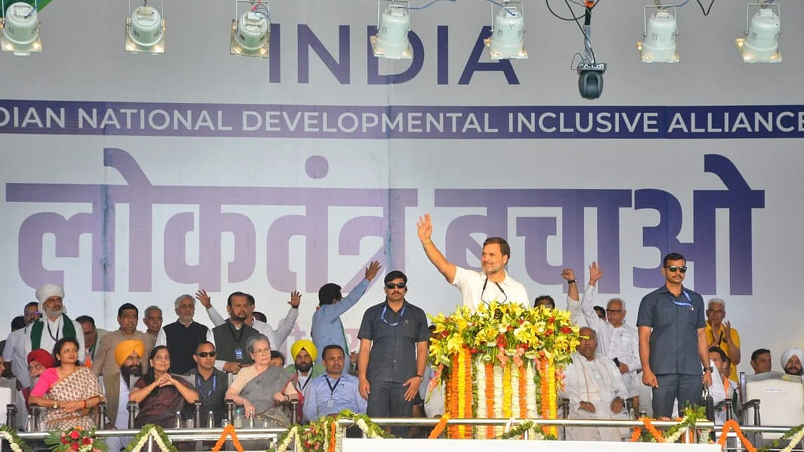 Rahul Gandhi addresses the mega opposition rally at Delhi's Ramlila Maidan, 31 March 2024 (Photo: Vipin/ NH)