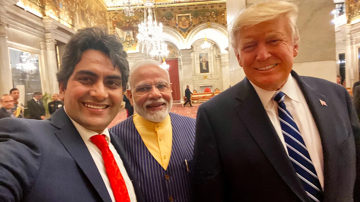 Sudhir Chaudhary of Aaj Tak with Narendra Modi and Donald Trump (photo: @sudhirchaudhary/X)