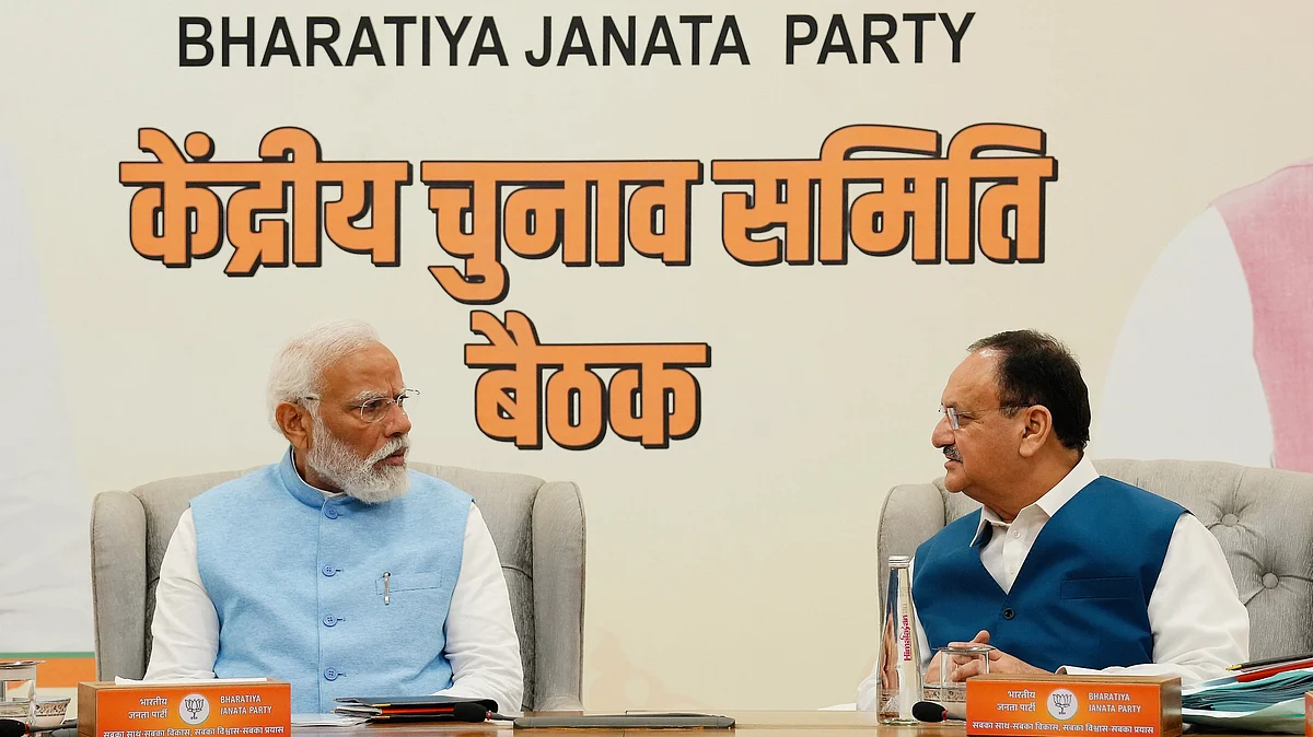 File photo of PM Narendra Modi and BJP president J.P. Nadda at a party meeting (photo: PTI)