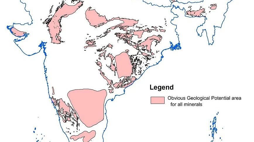 Areas of India showing 'obvious geological potential' for mineral extraction, per the Geological Survey of India (photo courtesy @TNGeography/X)