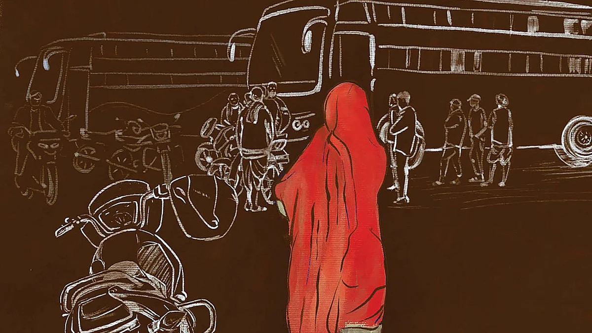 A woman draped in a red saree, head covered, waits beside a motorbike, watching a bus where several men are clustered (illustration: Priyanka Borar/PARI)