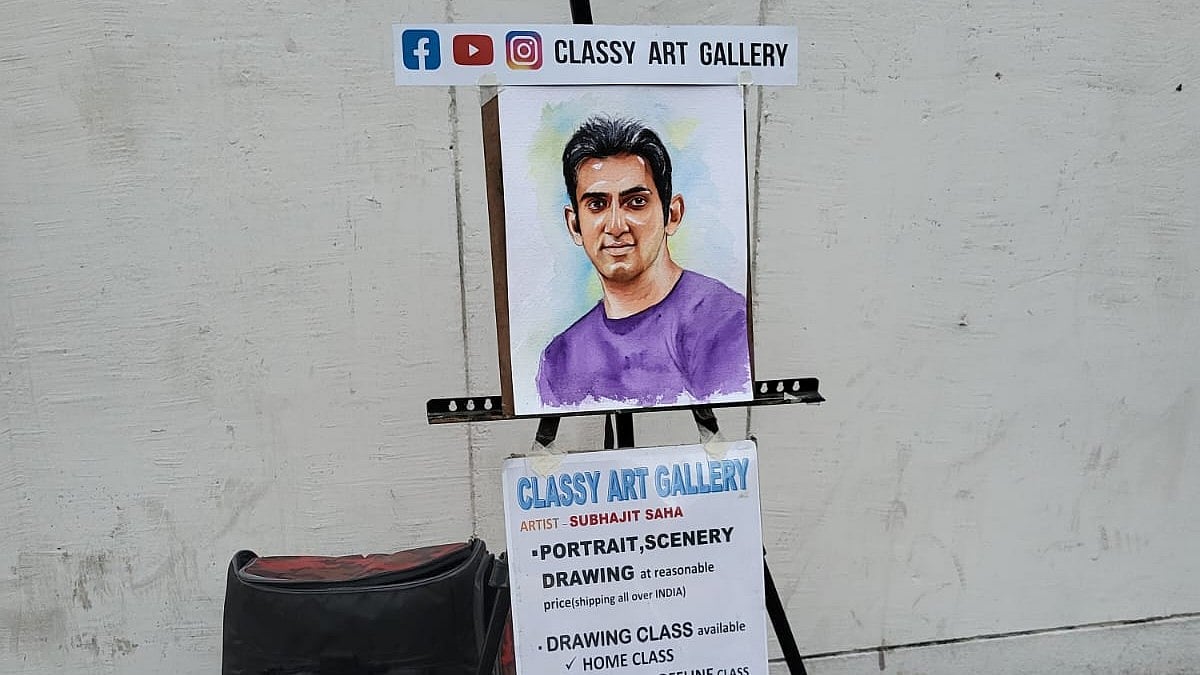 Gautam Gambhir’s portrait up for sale at the entrance of Eden Gardens on 23 March (photo: National Herald)