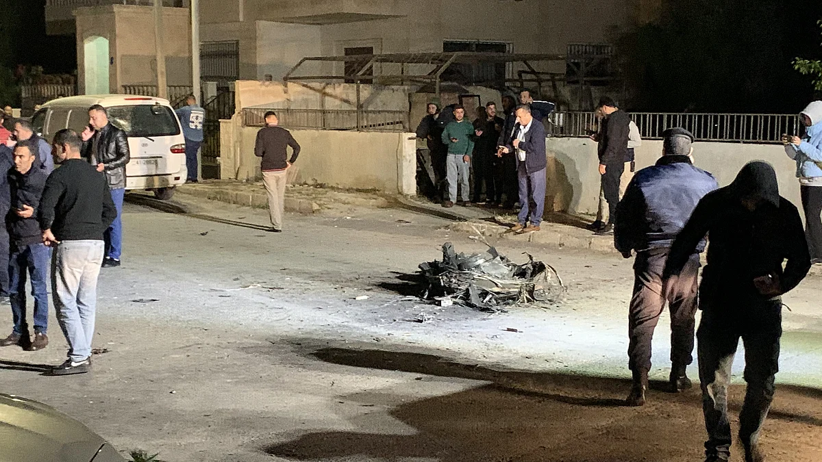 Parts of a missile launched from a missile are landed in Marj Al-Hamam area, during Iran's airstrikes against Israel, in Amman, Jordan on April 14, 2024. (photo: Getty Images)