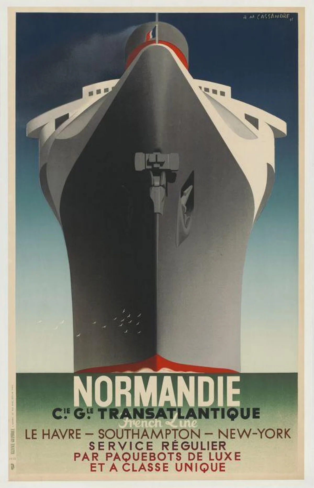 Cassandre’s 1935 poster promoting the inaugural voyage of the Art Deco ocean liner Normandie (photo courtesy the Victoria and Albert Museum)