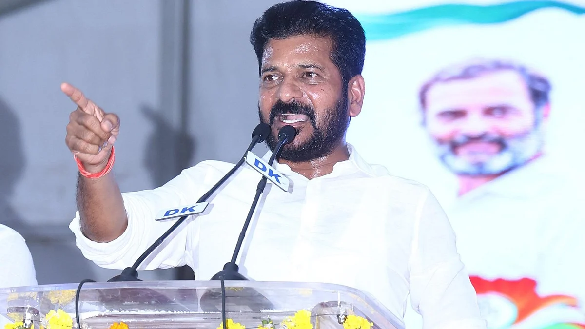 Chief minister A Revanth Reddy at a party meeting on 19 April (photo: @revanth_anumula/X)