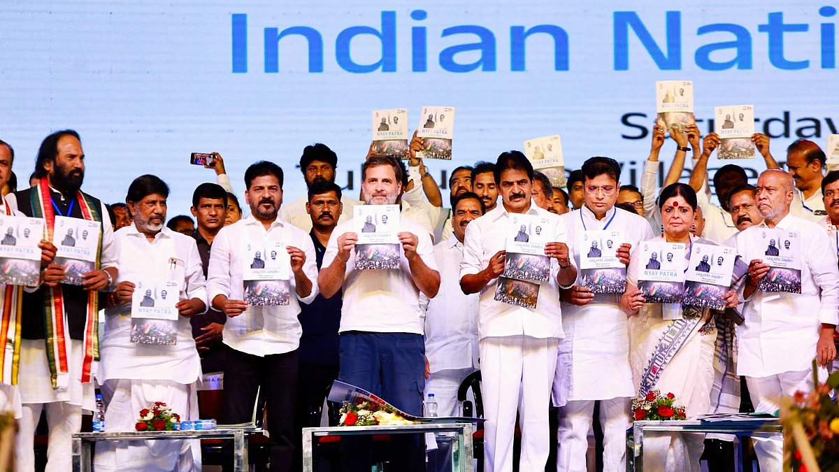Rahul Gandhi, Revanth Reddy, K.C. Venugopal, and other Congress leaders at the Nyay Patra launch (photo: @revanth_anumula/X)
