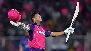 Yashasvi Jaiswal acknowledges the crowd, ending his lean run in the IPL 2024 with a century on 22 April (photo: BCCI)
