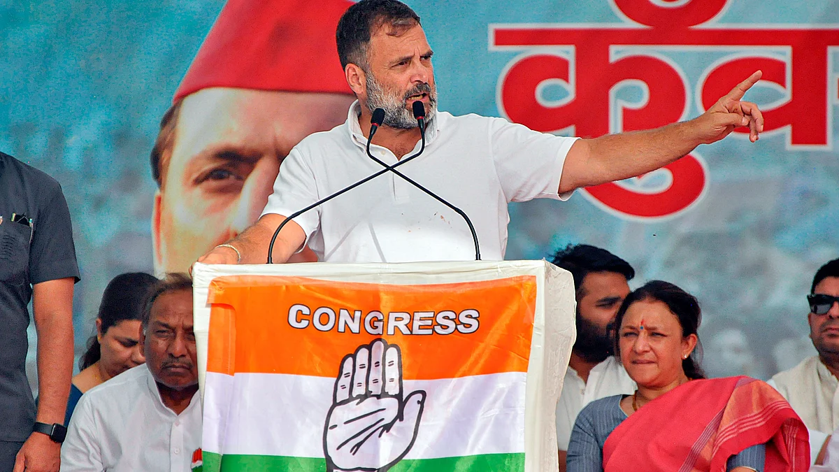Congress leader Rahul Gandhi at a public meeting in Amroha on 20 April (photo: PTI)