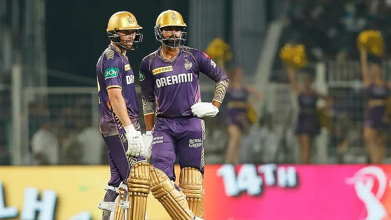 Phil Salt (left) and Kolkata Knight Riders' captain Shreyas Iyer during their matchwinning partnership at Eden Gardens on 14 April 2024 (photo: BCCI)