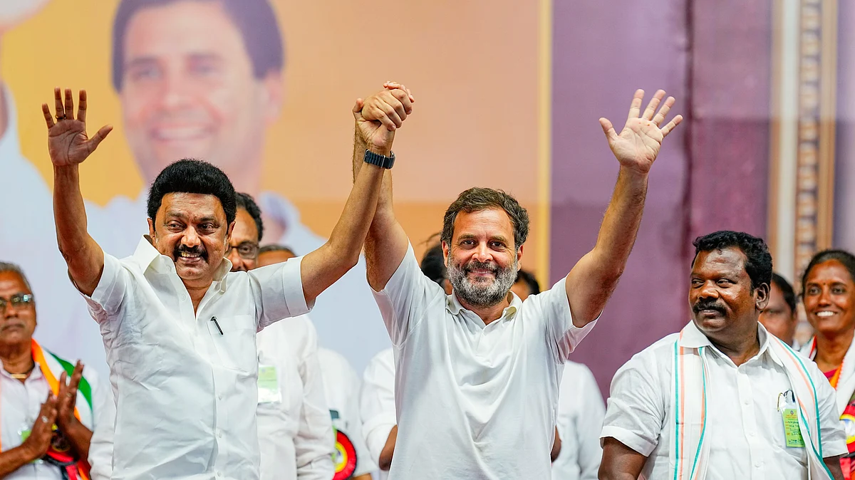 Rahul Gandhi (centre) and M.K. Stalin (far left) in Coimbatore (photo: PTI)