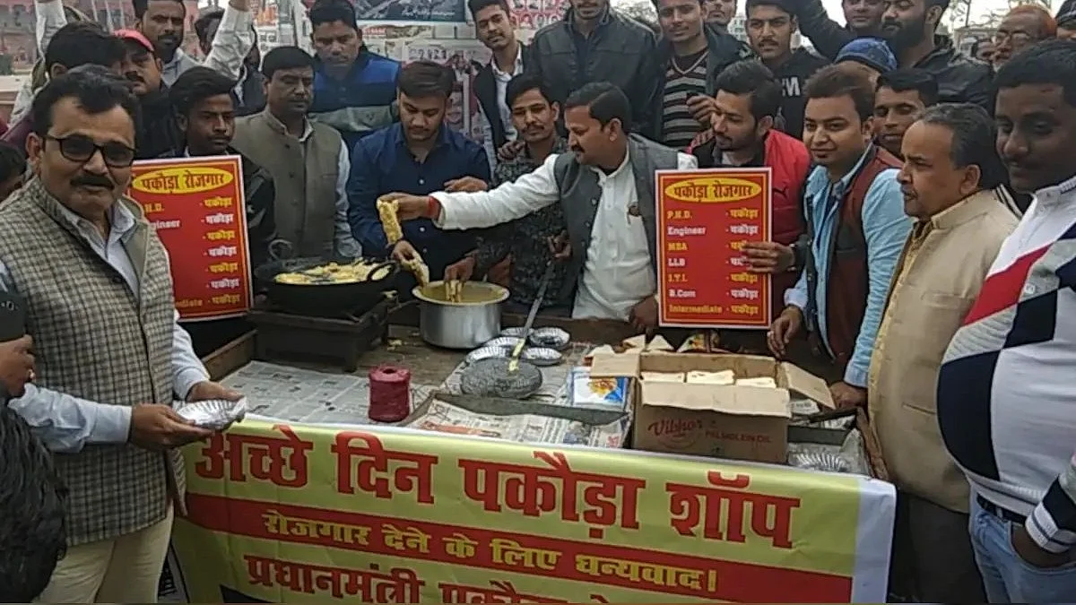 Unemployed Indian youth set up an 'Achhe Din Pakoda Shop' with thanks to the Prime Minister's Pakoda Scheme for 'employment', in a demonstration against rising unemployment