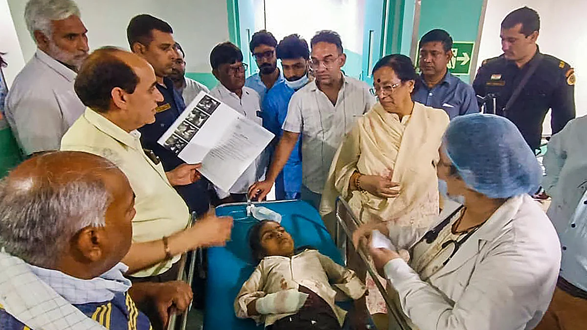 Haryana minister Seema Trikha visits school children at a hospital in Rewari district