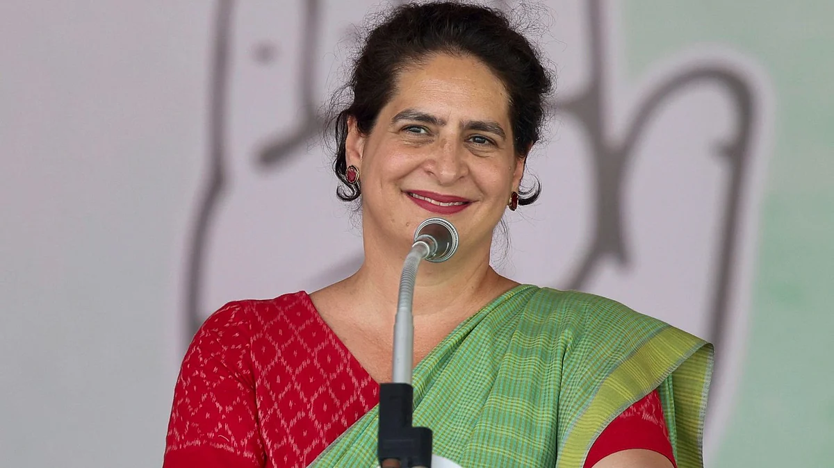 Priyanka Gandhi Vadra addresses a public meeting in Rajnandgaon district on 21 April (photo: PTI)