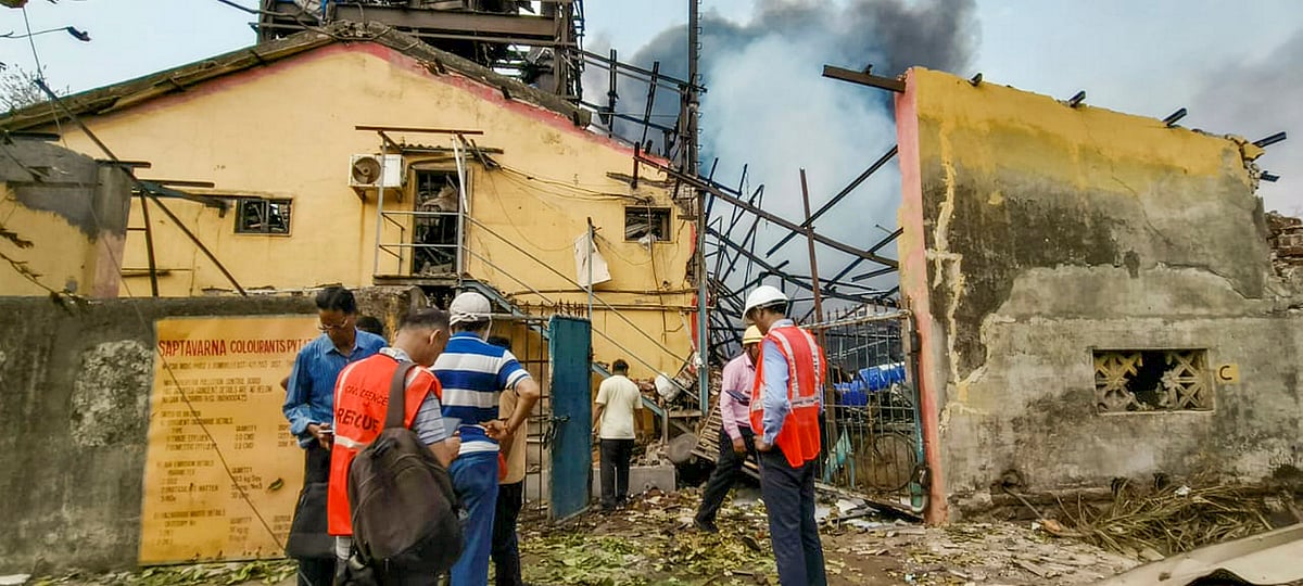 Firefighters at the spot of the boiler blast in a chemicals factory in Dombivli, Thane district (photo: PTI)