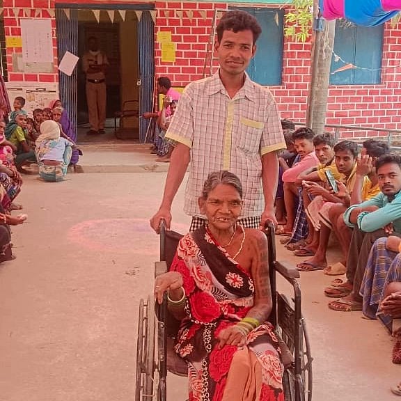 Queued up to vote from her wheelchair, a tribal voter in Chhattisgarh (photo courtesy @CEOChhattisgarh/X)