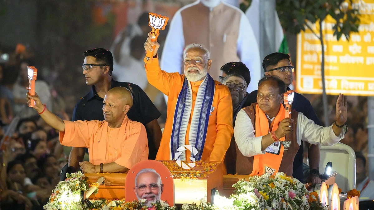 It is hard to fathom how Zee News and its ilk will deal with BJP rallies that feature local leaders like UP chief minister Yogi Adityanath alongside Narendra Modi or Amit Shah (photo courtesy @chatriya97/X)