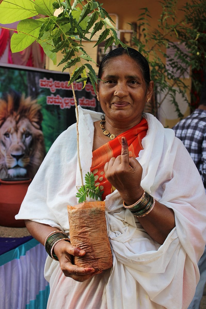 Voters take home a sapling in Harpanahalli, Vijayanagar, Karnataka (photo courtesy @ceo_karnataka/X)