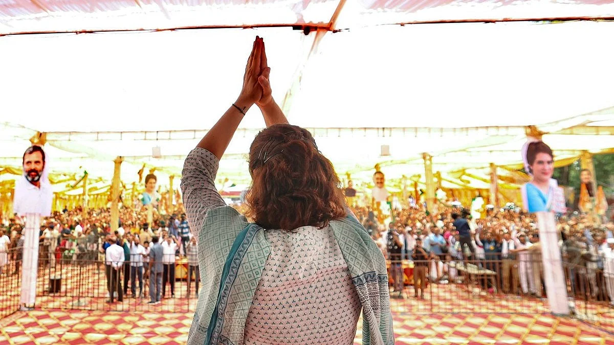 Priyanka Gandhi during a public meeting in Una district on 28 May (photo: PTI)
